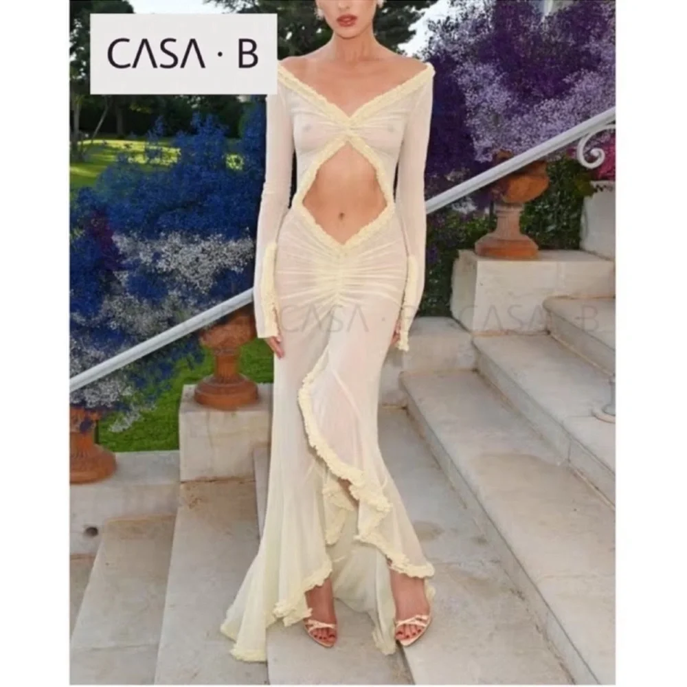 NEW💫to CASA B|“Glamour de Cannes” Mesh Cut-Out Frill Sheer Long Sleeve Lux Gown - Picture 6 of 17